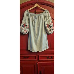 Aeropostale Small Boho Cottage Core Puff Embroidered Floral Sleeve Chambray EUC